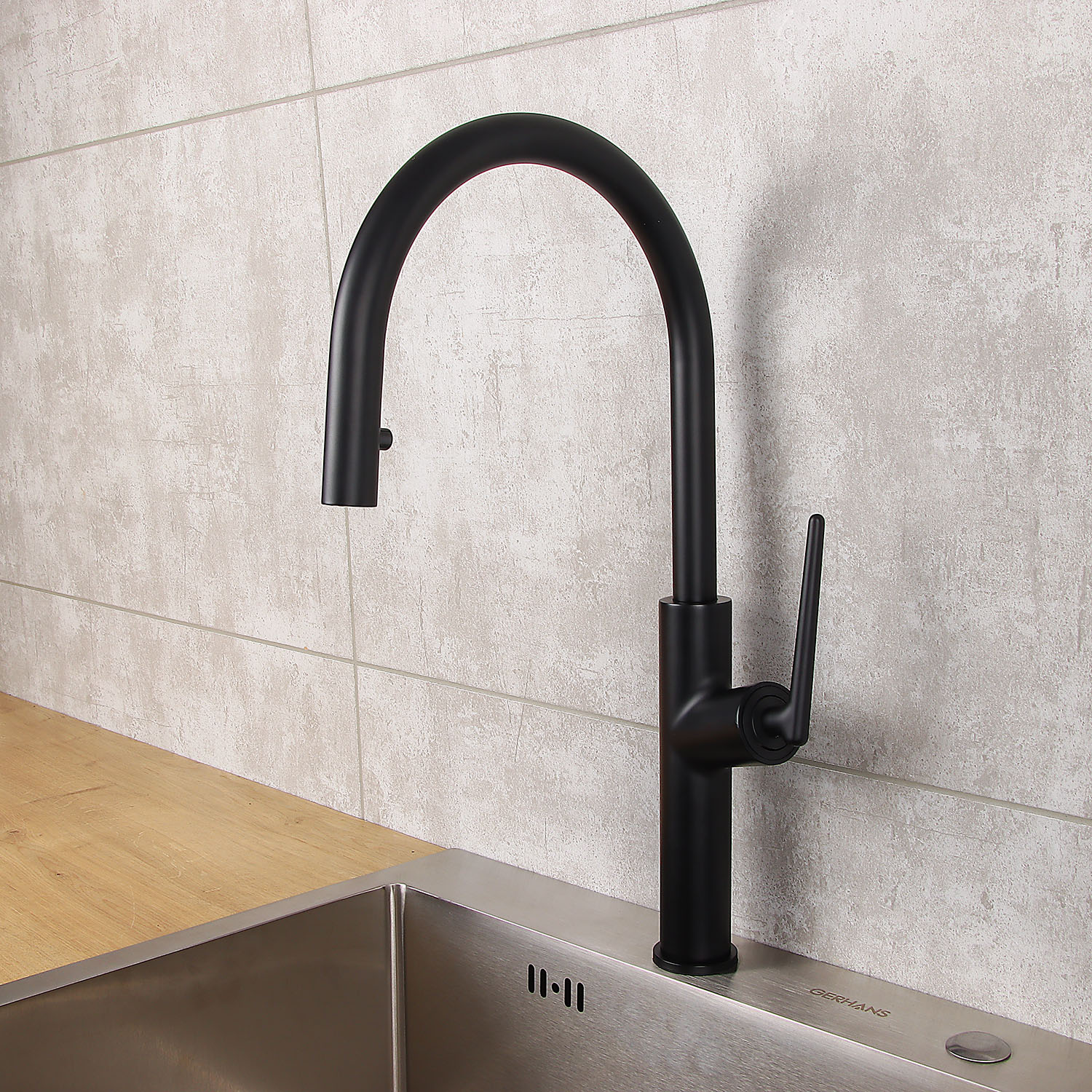 Смеситель для кухни Diadonna D60-0008BL  высокий излив, выдвижная лейка, черный *1/6