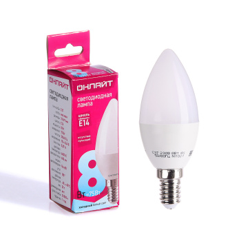 Лампа светодиодная ОНЛАЙТ, Е14, свеча C37, 8 Вт, 4000 К, нейтральный белый
