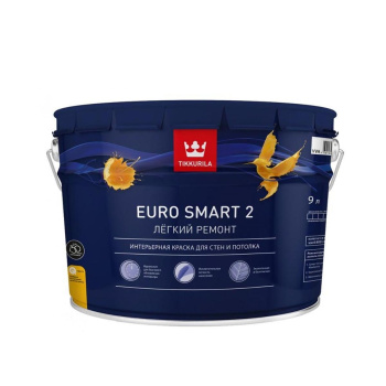 Краска интерьерная 9 л для стен и потолков Tikkurila Euro Smart 2, белая база А, глубокоматовая