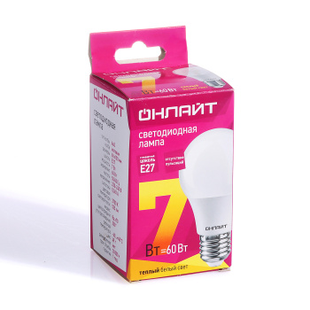 Лампа светодиодная ОНЛАЙТ, Е27, груша A60, 7 Вт, 525 Лм, 2700 К, теплый белый